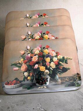 Set Of 4 Sultans Linens Floral Print Placemats With Colorful Bouquet Design Wipe